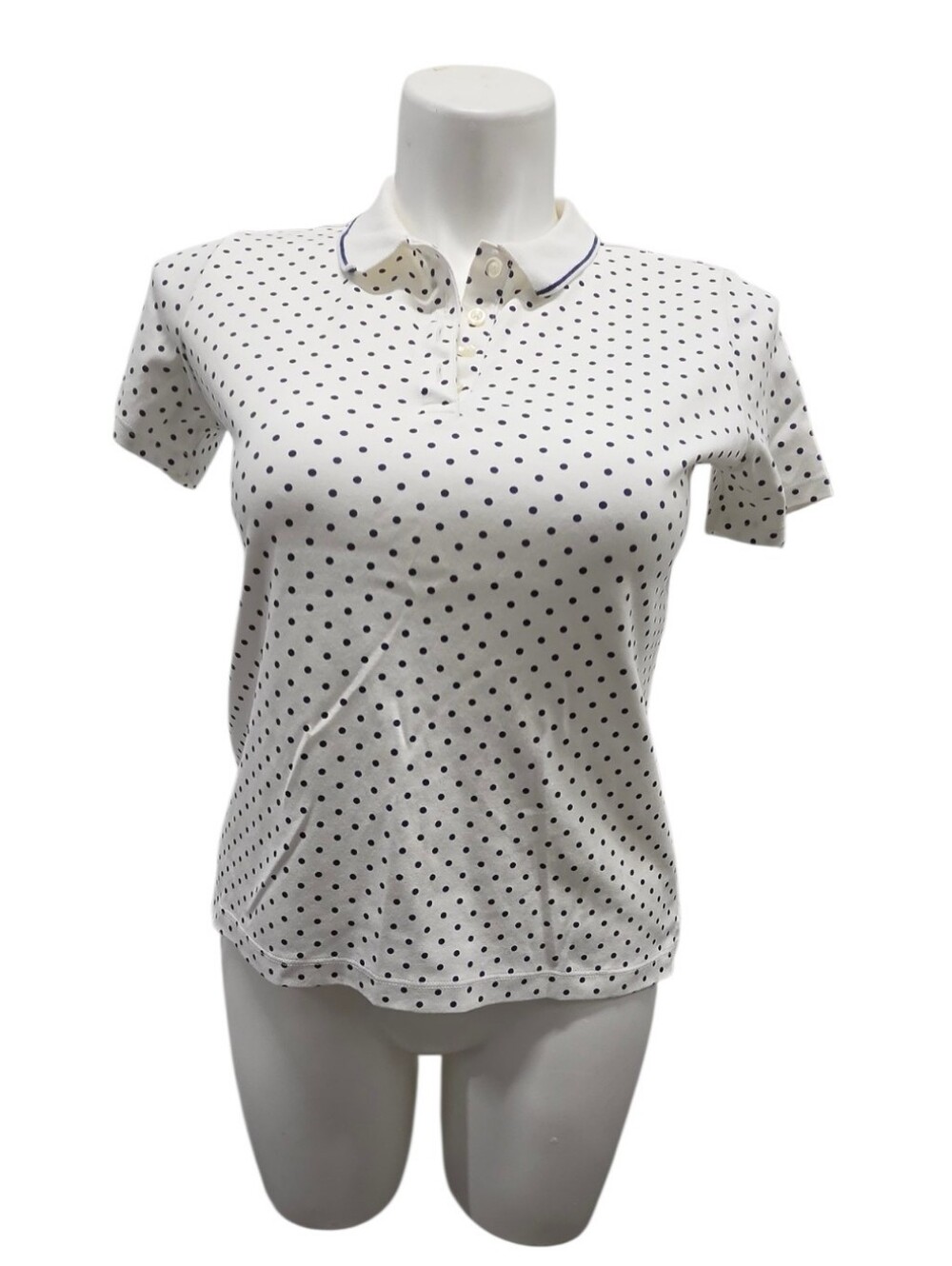 Vintage Lands End Medium Petite 10/12 White Polka Dot Polo Top